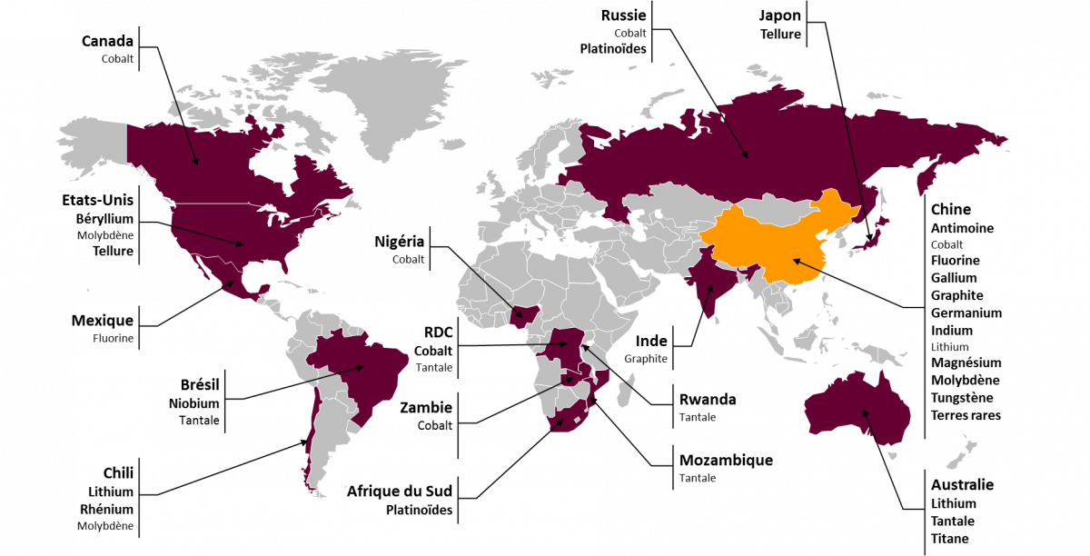 Carte des principaux pays producteurs de métaux critiques.